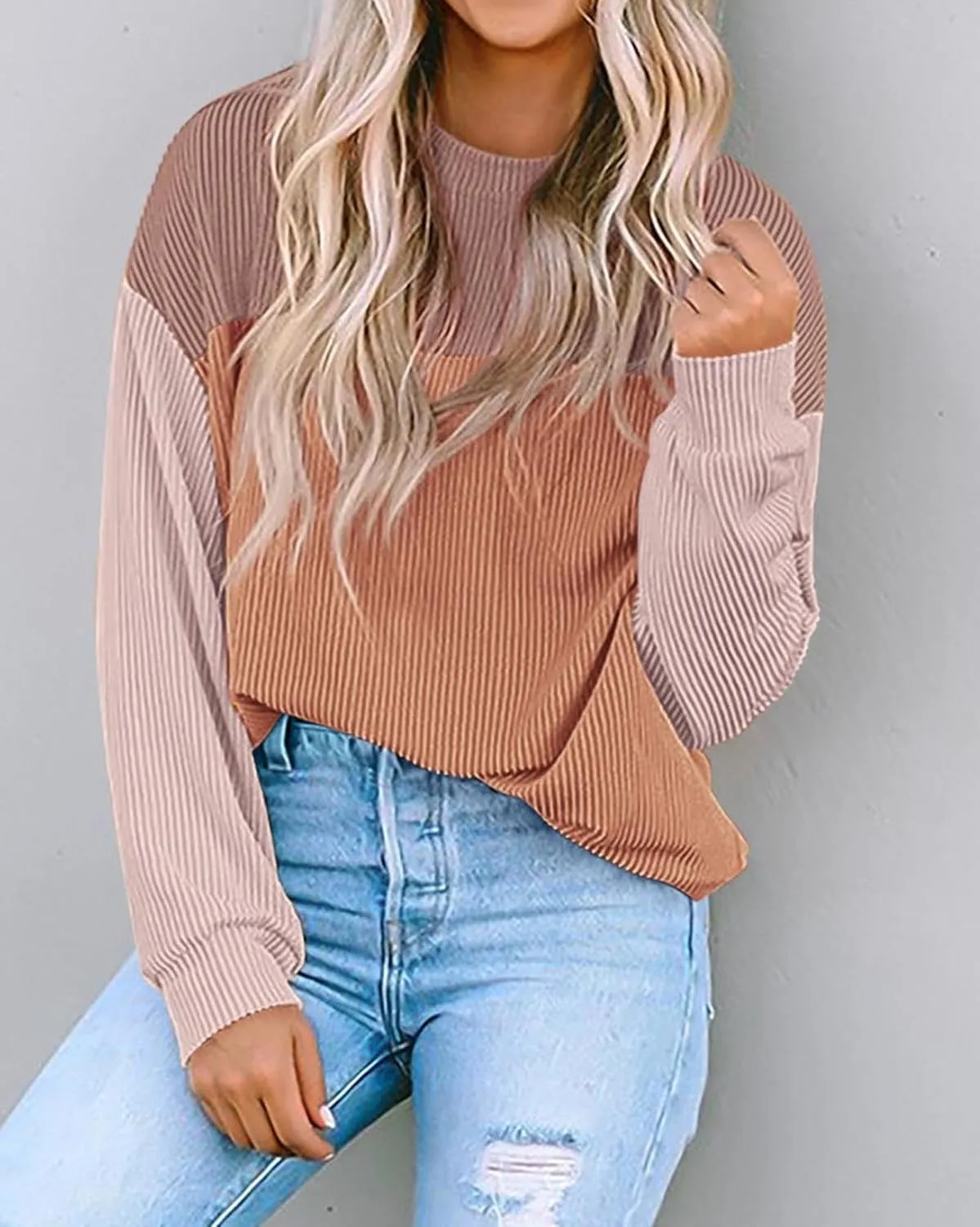 KIRUNDO Womens Spring Fashion 2025 Ribbed Long Sleeve Knit Tops Color Block Casual Loose Crewneck Pullover Shirts Clothing