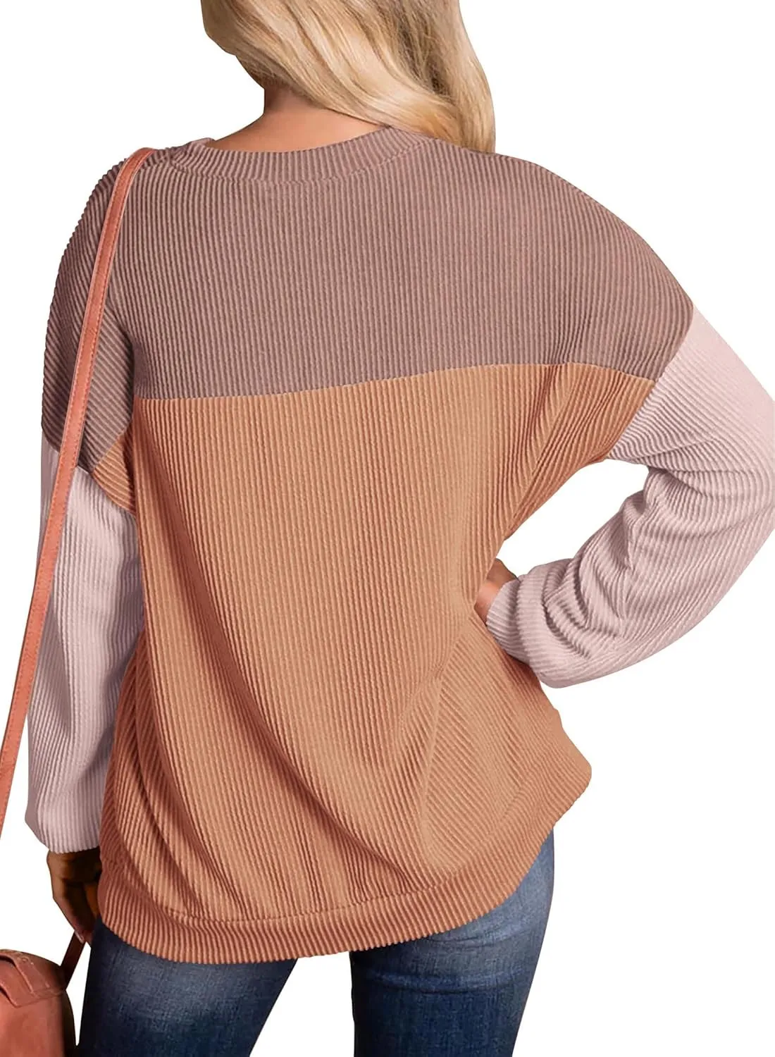 KIRUNDO Womens Spring Fashion 2025 Ribbed Long Sleeve Knit Tops Color Block Casual Loose Crewneck Pullover Shirts Clothing