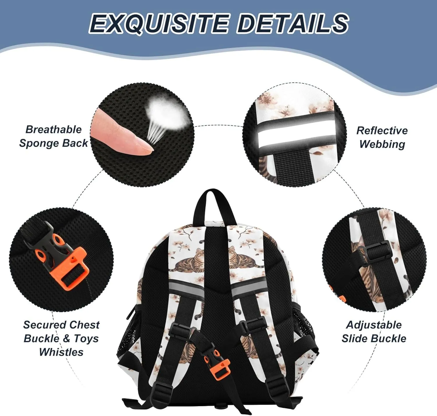 KLL Cute Ears Backpacks For School Leash Boy's Girl's Anti-Lost Personalized Diaper Bag Backpack with Reflective Strip M Art Bengal Cats White
