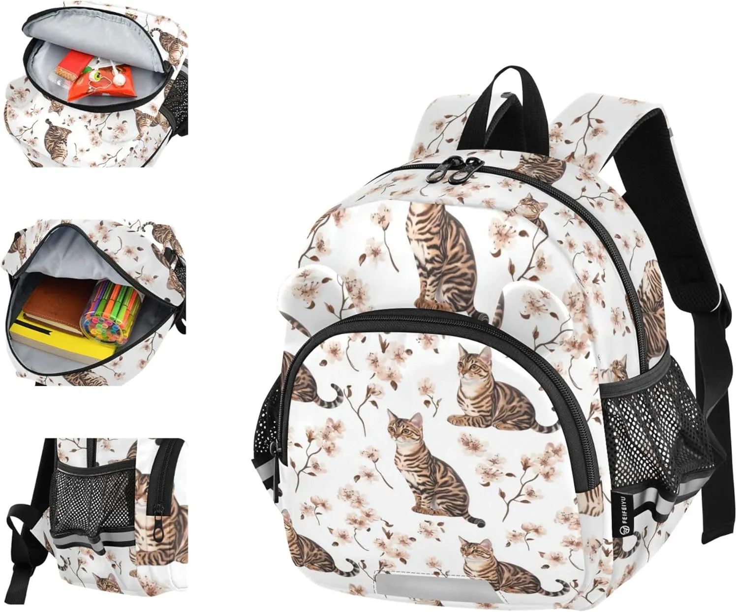 KLL Cute Ears Backpacks For School Leash Boy's Girl's Anti-Lost Personalized Diaper Bag Backpack with Reflective Strip M Art Bengal Cats White