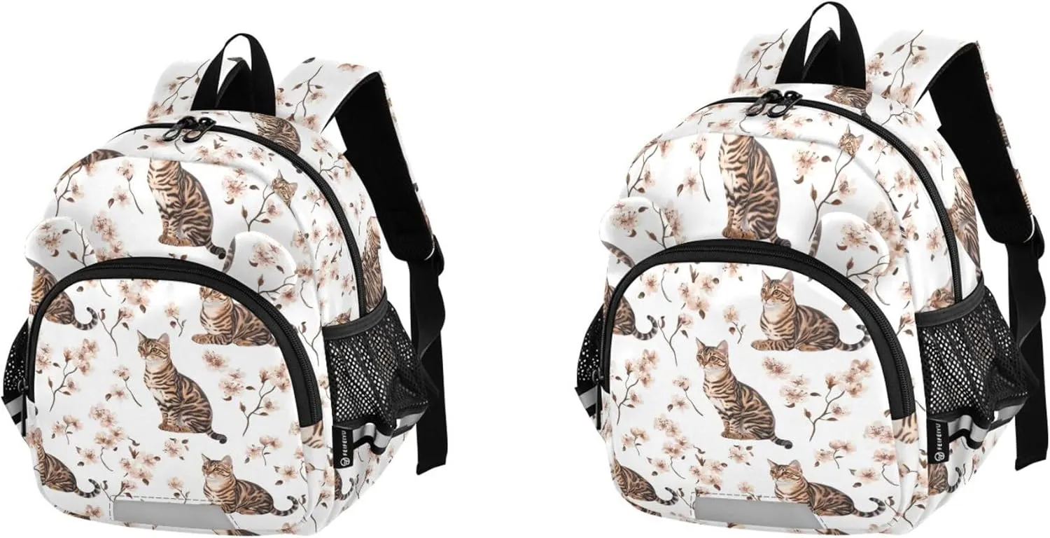 KLL Cute Ears Backpacks For School Leash Boy's Girl's Anti-Lost Personalized Diaper Bag Backpack with Reflective Strip M Art Bengal Cats White