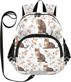 KLL Cute Ears Backpacks For School Leash Boy's Girl's Anti-Lost Personalized Diaper Bag Backpack with Reflective Strip M Art Bengal Cats White