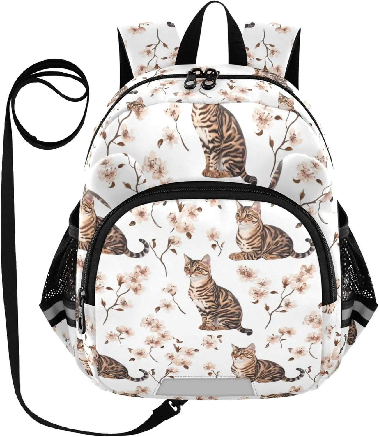 KLL Cute Ears Backpacks For School Leash Boy's Girl's Anti-Lost Personalized Diaper Bag Backpack with Reflective Strip M Art Bengal Cats White