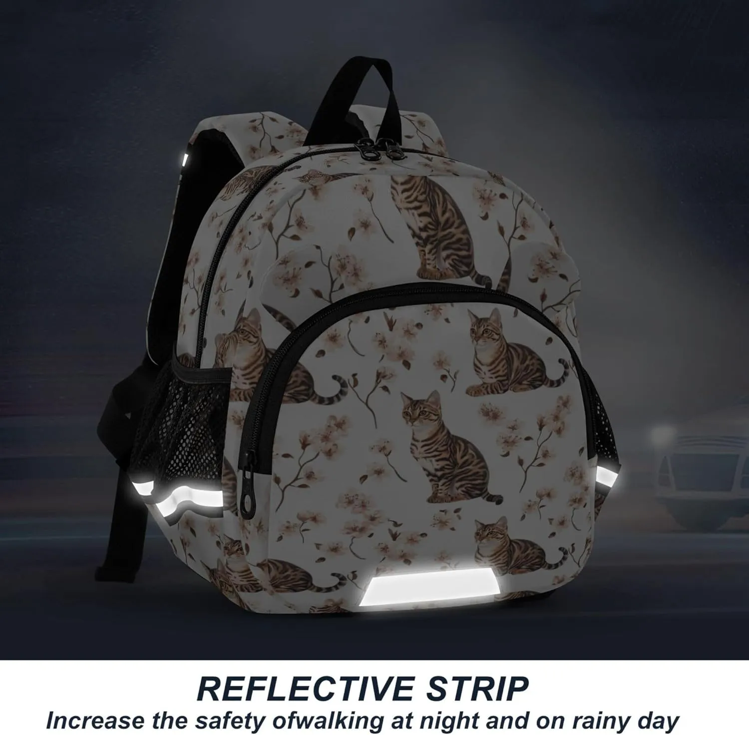 KLL Cute Ears Backpacks For School Leash Boy's Girl's Anti-Lost Personalized Diaper Bag Backpack with Reflective Strip M Art Bengal Cats White