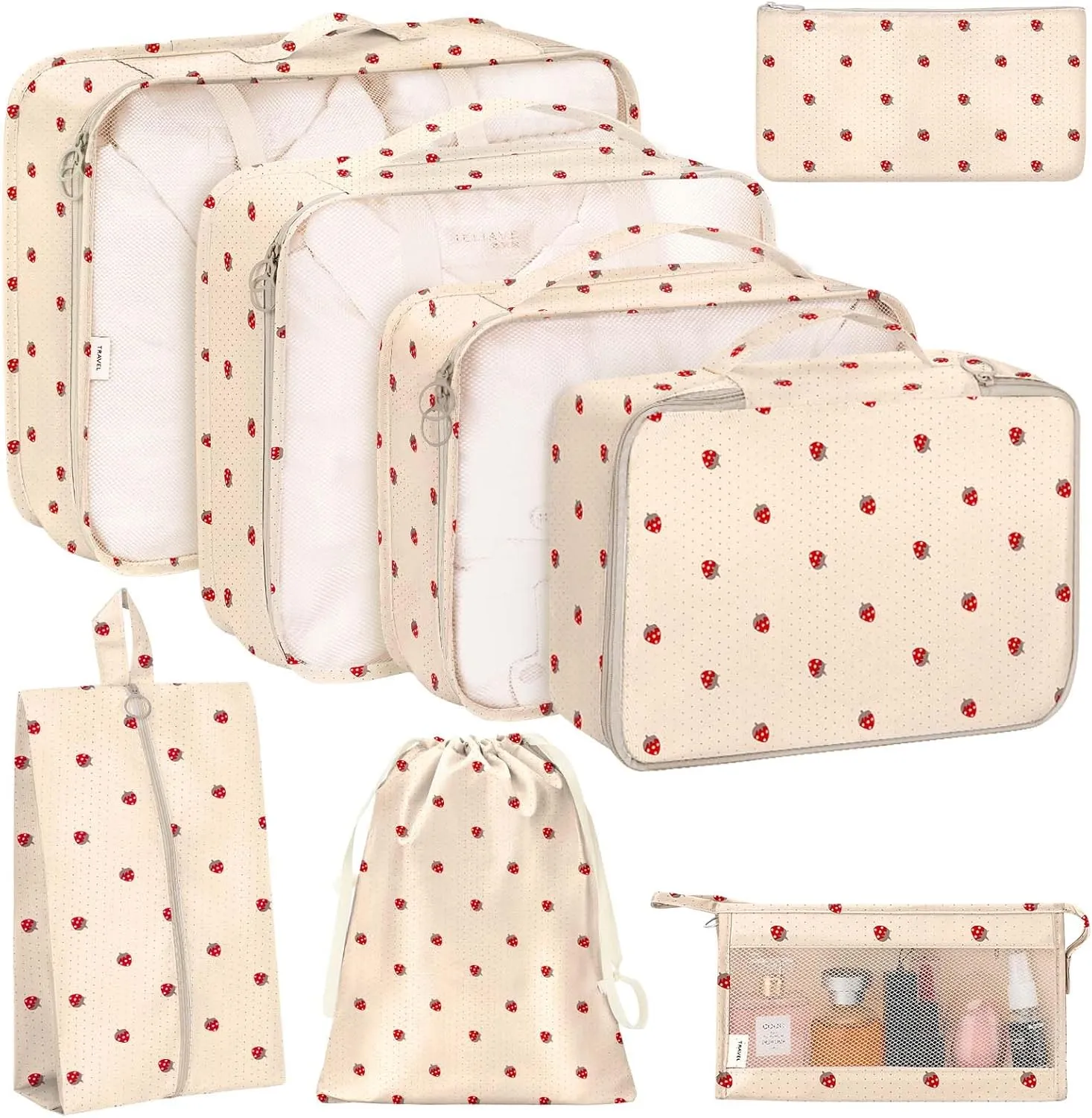 KPX 8 Set Packing Cubes for Travel, Luggage Packing Organizers Accessories Large Toiletries Bag for Clothes Shoes Cosmetics (8Set-Beige Strawberry)