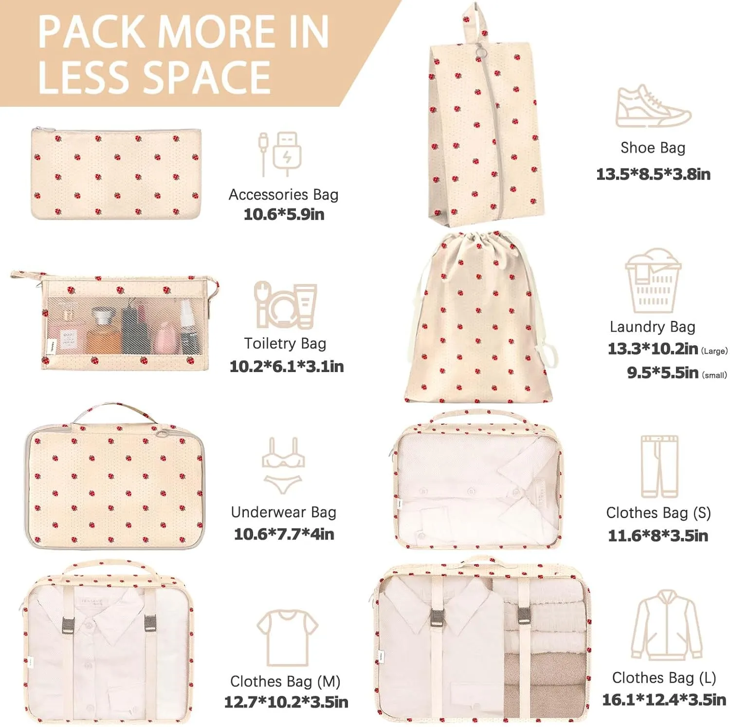 KPX 8 Set Packing Cubes for Travel, Luggage Packing Organizers Accessories Large Toiletries Bag for Clothes Shoes Cosmetics (8Set-Beige Strawberry)