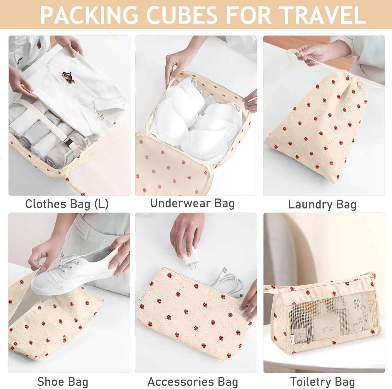 KPX 8 Set Packing Cubes for Travel, Luggage Packing Organizers Accessories Large Toiletries Bag for Clothes Shoes Cosmetics (8Set-Beige Strawberry)