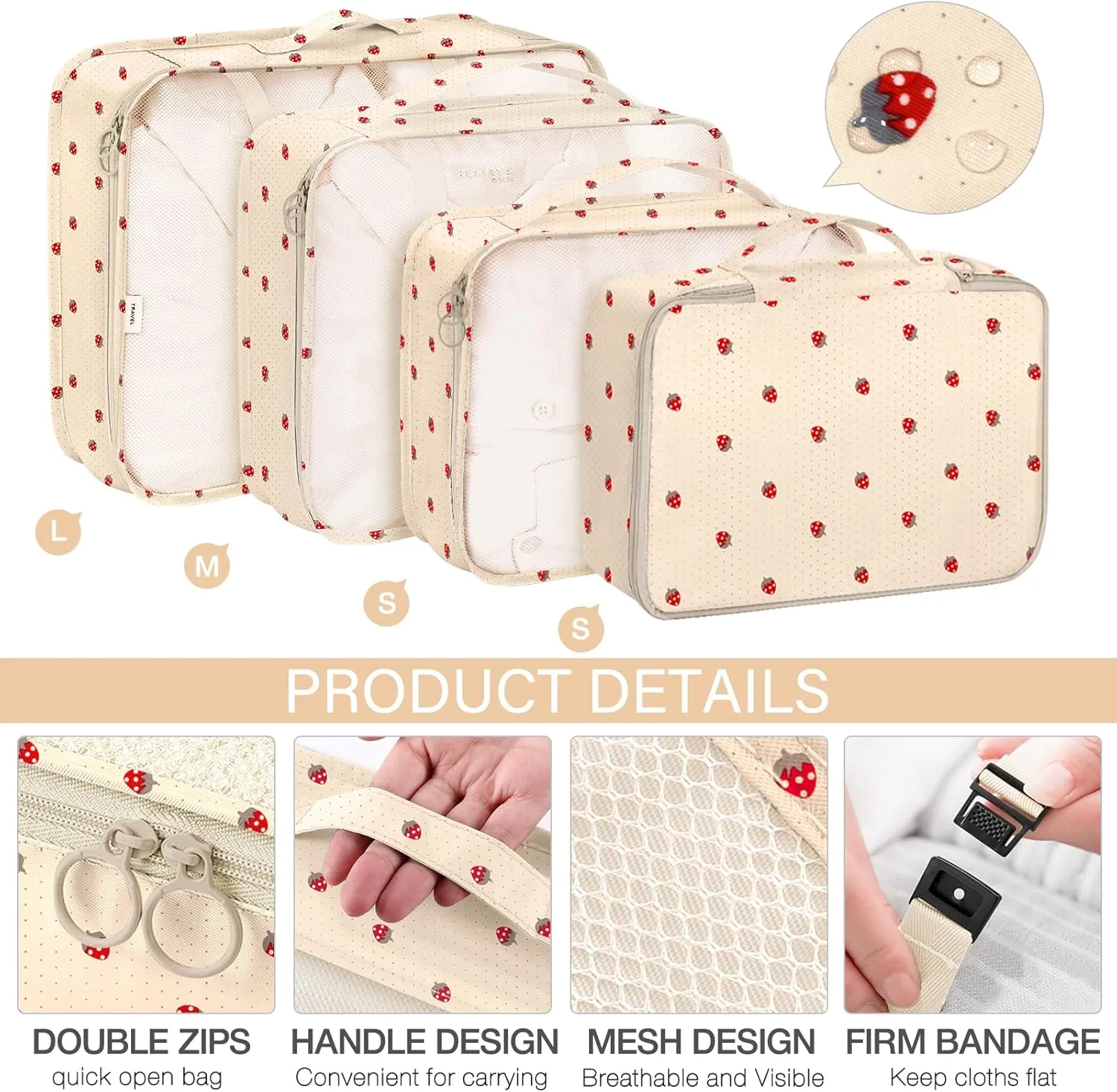 KPX 8 Set Packing Cubes for Travel, Luggage Packing Organizers Accessories Large Toiletries Bag for Clothes Shoes Cosmetics (8Set-Beige Strawberry)