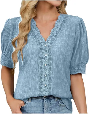 Lace Trim Puff Sleeve Tops for Women Casual Button Down V Neck Blouse Summer Textured Tunic Shirts Elegant Workwear Look
