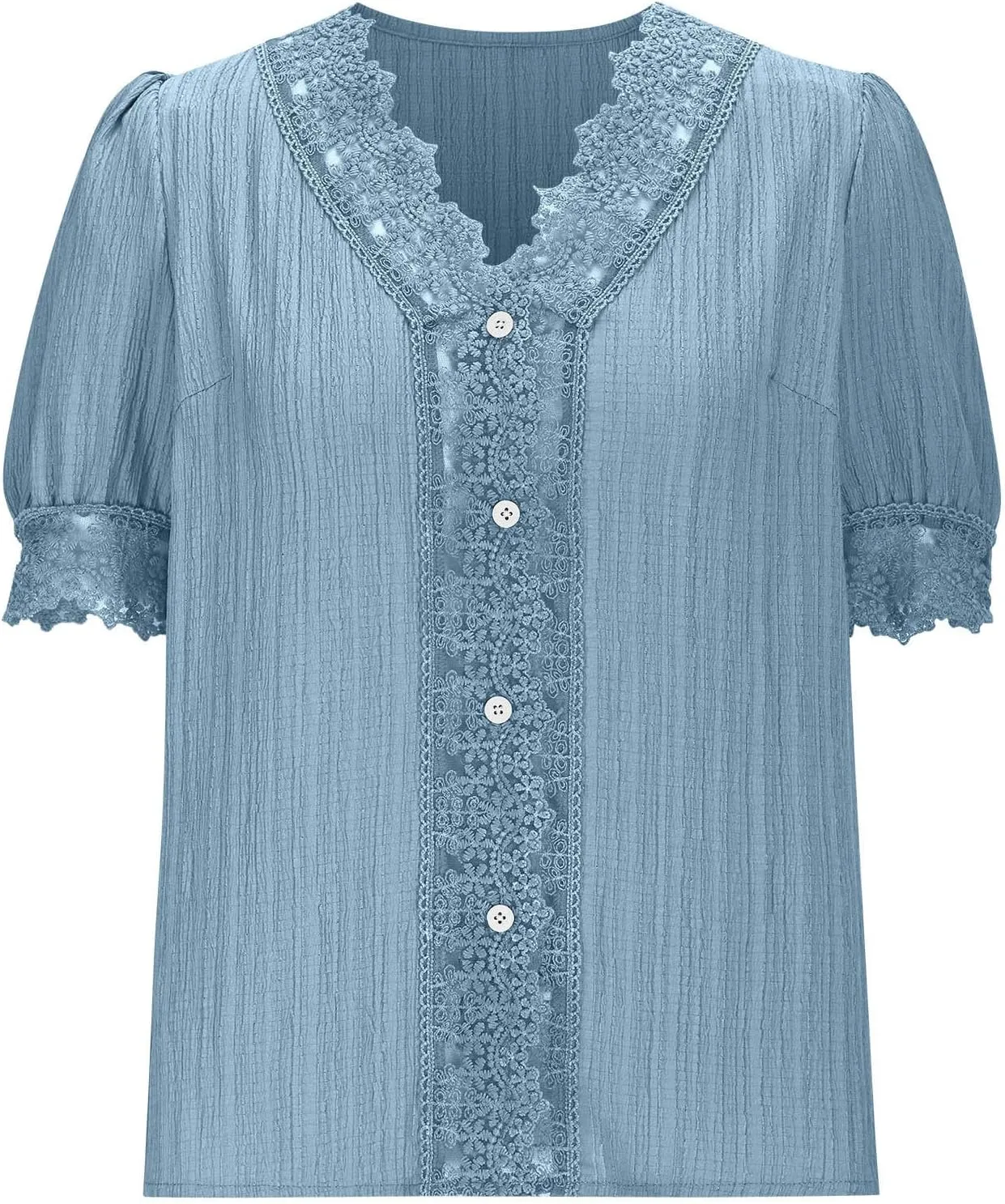 Lace Trim Puff Sleeve Tops for Women Casual Button Down V Neck Blouse Summer Textured Tunic Shirts Elegant Workwear Look