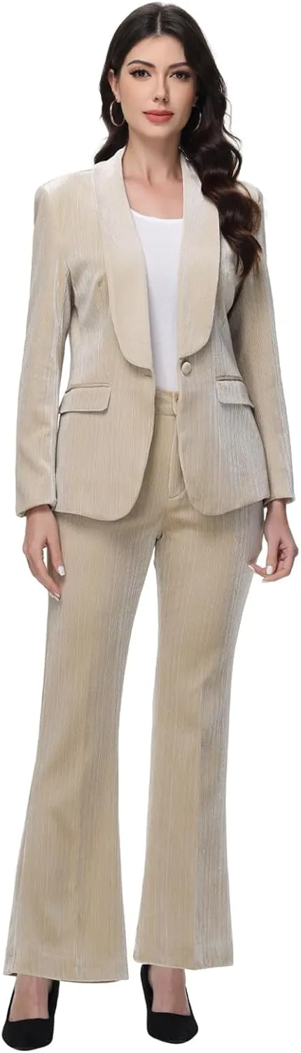 Lamgool Women Pantsuit Dressy Silver Thread Velvet 2 Piece Suit Set Blazer and Flared Pants