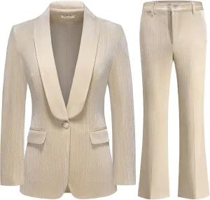Lamgool Women Pantsuit Dressy Silver Thread Velvet 2 Piece Suit Set Blazer and Flared Pants