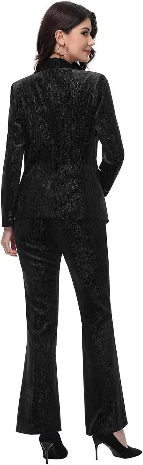 Lamgool Women Pantsuit Dressy Silver Thread Velvet 2 Piece Suit Set Blazer and Flared Pants