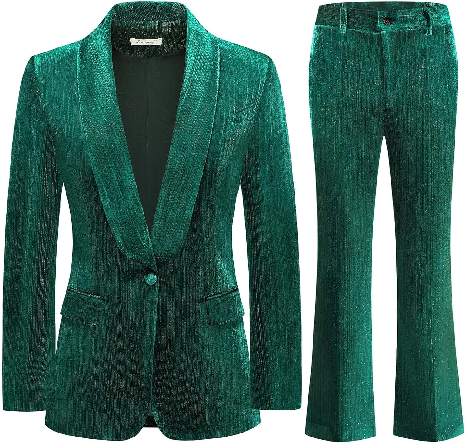 Lamgool Women Pantsuit Dressy Silver Thread Velvet 2 Piece Suit Set Blazer and Flared Pants