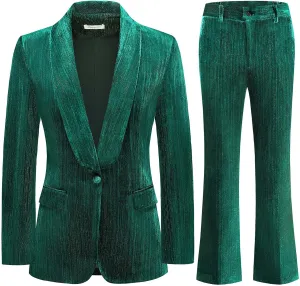 Lamgool Women Pantsuit Dressy Silver Thread Velvet 2 Piece Suit Set Blazer and Flared Pants