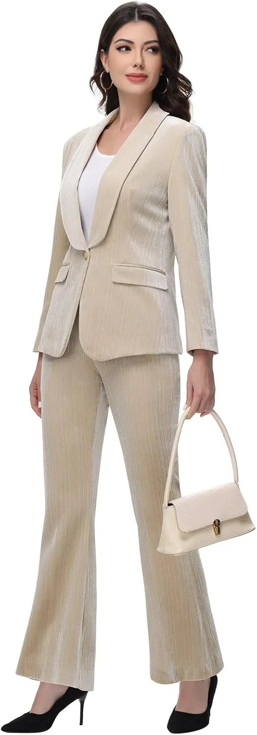 Lamgool Women Pantsuit Dressy Silver Thread Velvet 2 Piece Suit Set Blazer and Flared Pants
