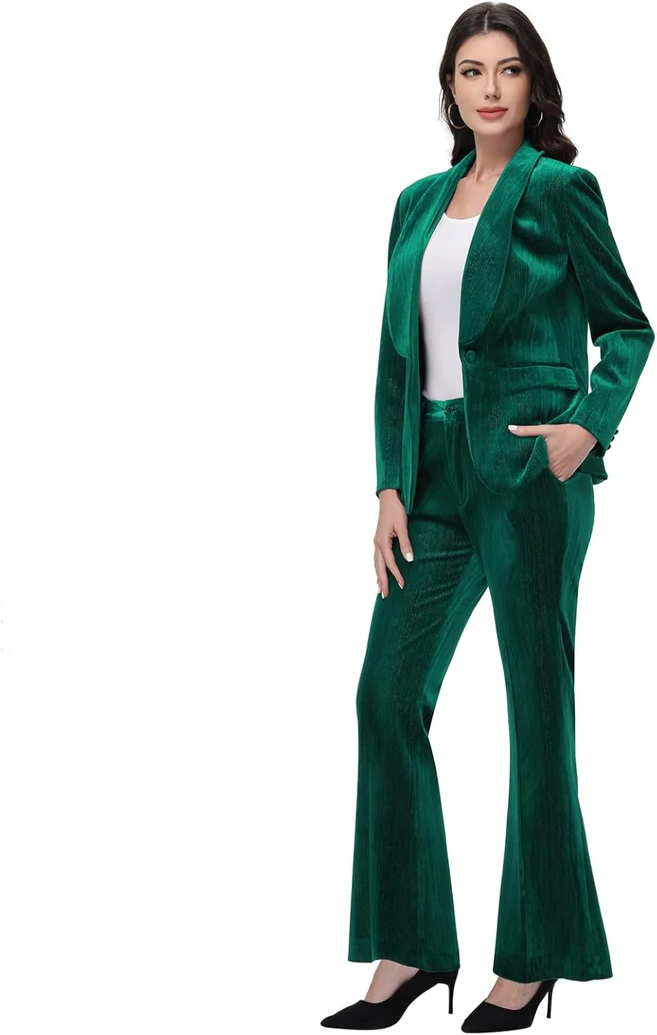 Lamgool Women Pantsuit Dressy Silver Thread Velvet 2 Piece Suit Set Blazer and Flared Pants
