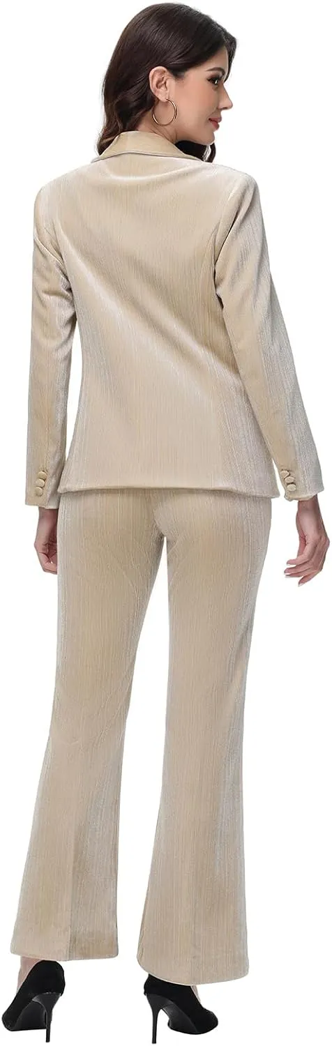 Lamgool Women Pantsuit Dressy Silver Thread Velvet 2 Piece Suit Set Blazer and Flared Pants