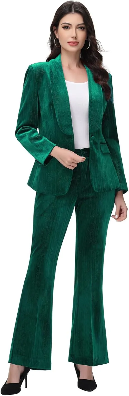 Lamgool Women Pantsuit Dressy Silver Thread Velvet 2 Piece Suit Set Blazer and Flared Pants