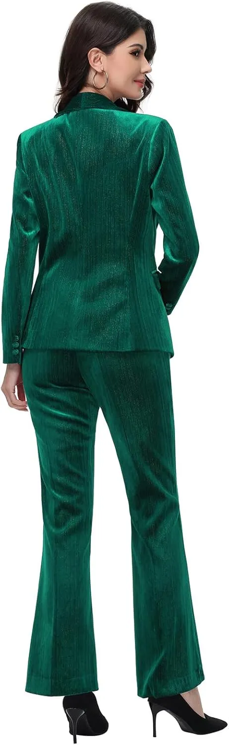 Lamgool Women Pantsuit Dressy Silver Thread Velvet 2 Piece Suit Set Blazer and Flared Pants
