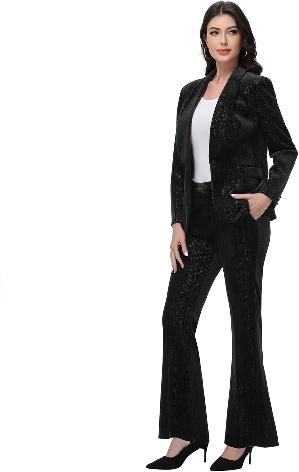 Lamgool Women Pantsuit Dressy Silver Thread Velvet 2 Piece Suit Set Blazer and Flared Pants
