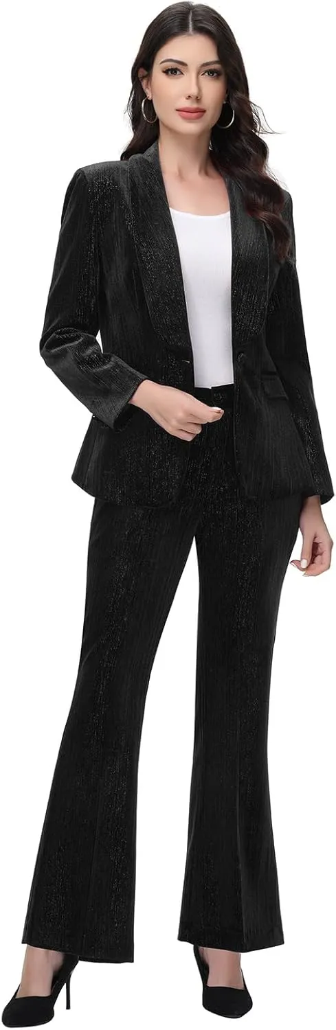Lamgool Women Pantsuit Dressy Silver Thread Velvet 2 Piece Suit Set Blazer and Flared Pants