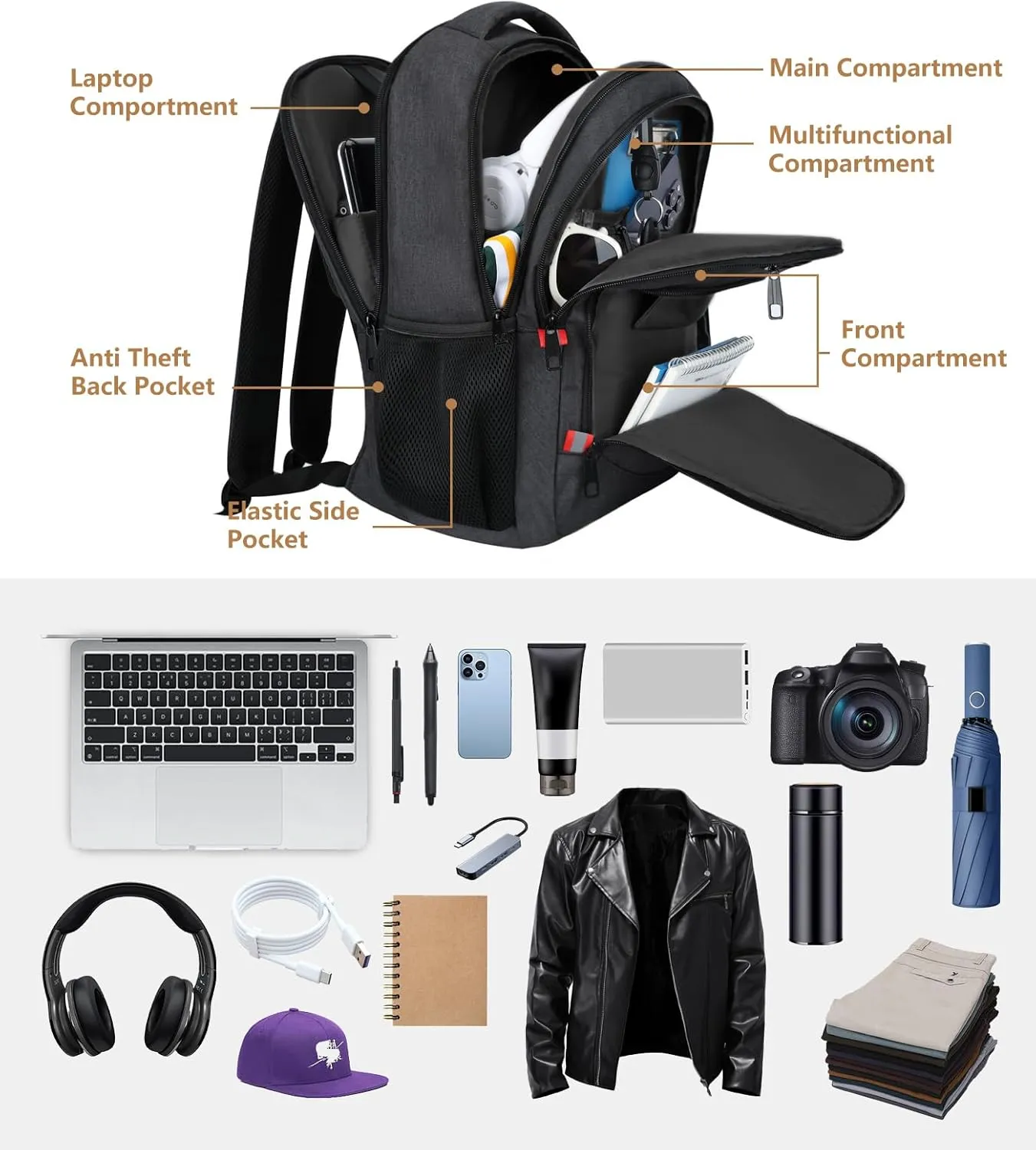 Laptop Backpack for Men,School Backpack with USB Charging Port,Water Resistant Backpack for teens boys,Business Work College bookbag,book bag Fits 15.6 Inch,Black Back Pack