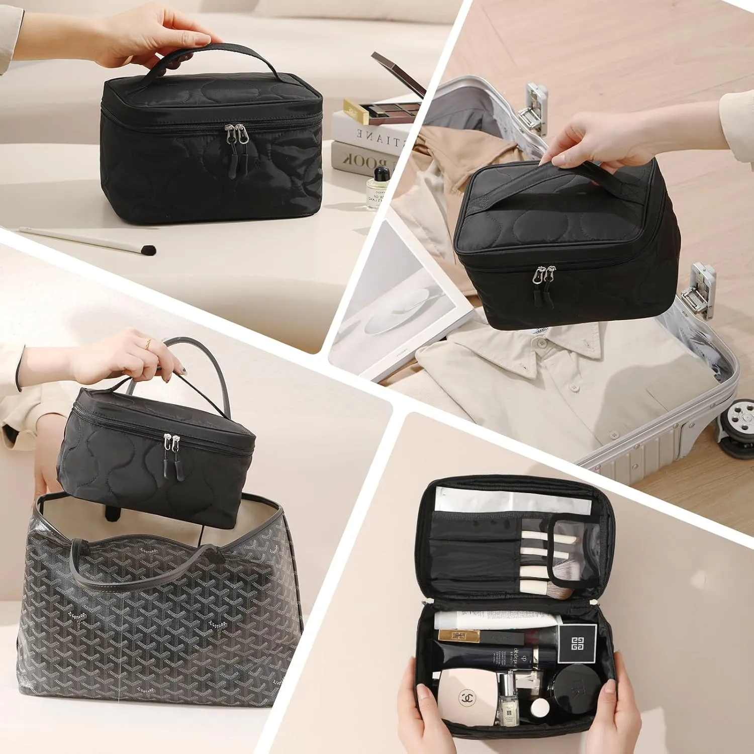 Large Capacity Makeup Bag with Brush Holder,Quilted Cosmetic Bag for Girls, Travel Organizer Bag for Accessories Black
