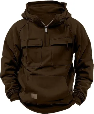 LCMTWX Black Zip Up Hoodie Vintage Long Sleeve Hoodie Half Zipper Hooded Sweatshirt Top Workwear Multi Pocket Outdoor Sweat