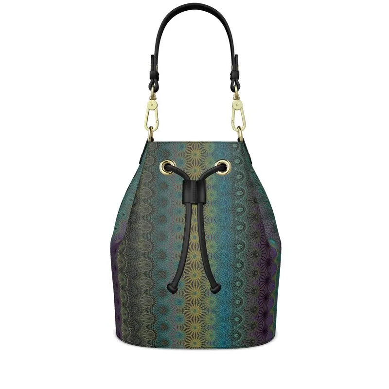 Leather Bucket Bag Striped Peacock Feathers