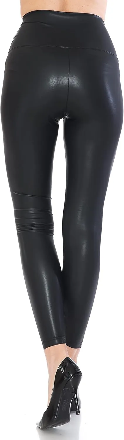 Leggings Depot Women's High Waist Comfy Faux Leather Leggings Tights Stretchy Pleather Pants