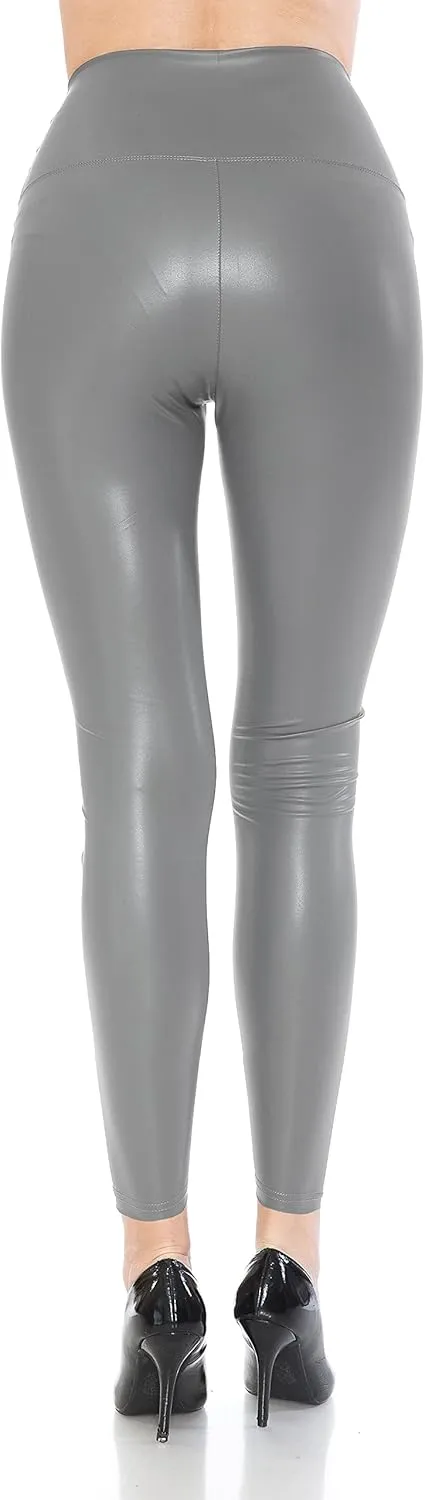 Leggings Depot Women's High Waist Comfy Faux Leather Leggings Tights Stretchy Pleather Pants