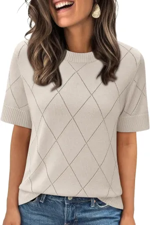 LILLUSORY Womens Knit Hollowed Out Sweater Summer Lightweight Short Sleeve Wool Blend Tops
