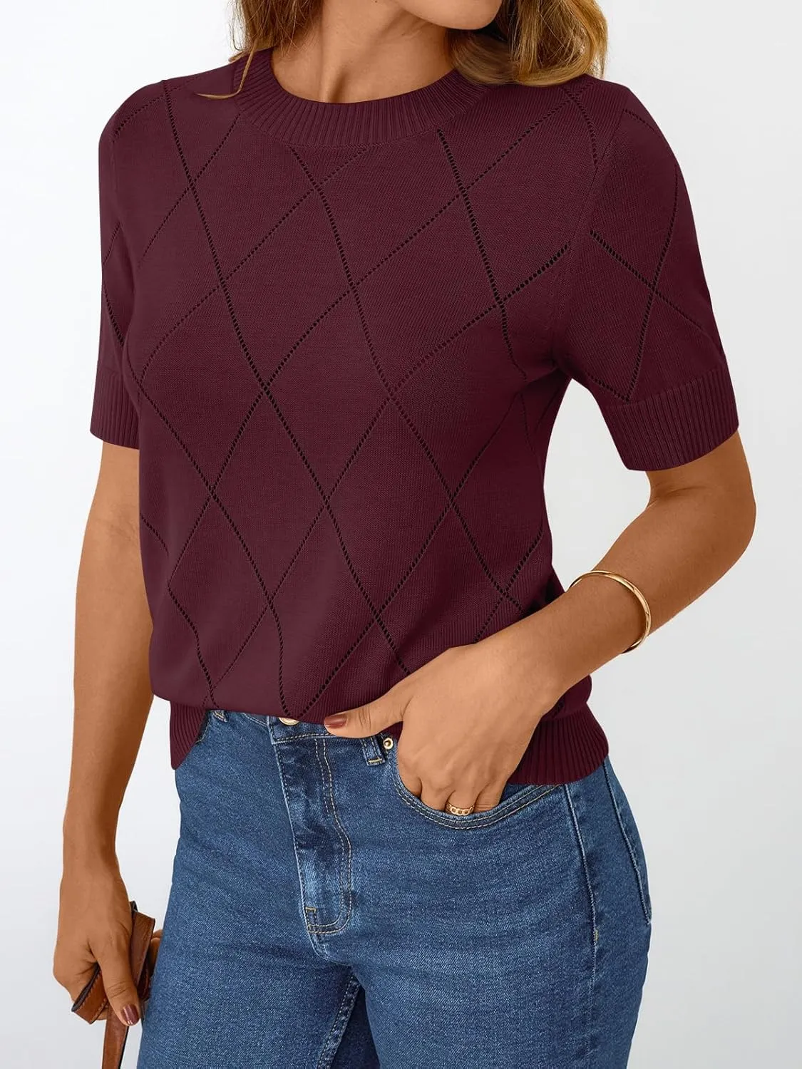 LILLUSORY Womens Knit Hollowed Out Sweater Summer Lightweight Short Sleeve Wool Blend Tops