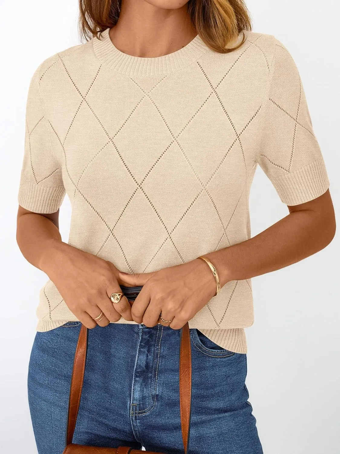 LILLUSORY Womens Knit Hollowed Out Sweater Summer Lightweight Short Sleeve Wool Blend Tops