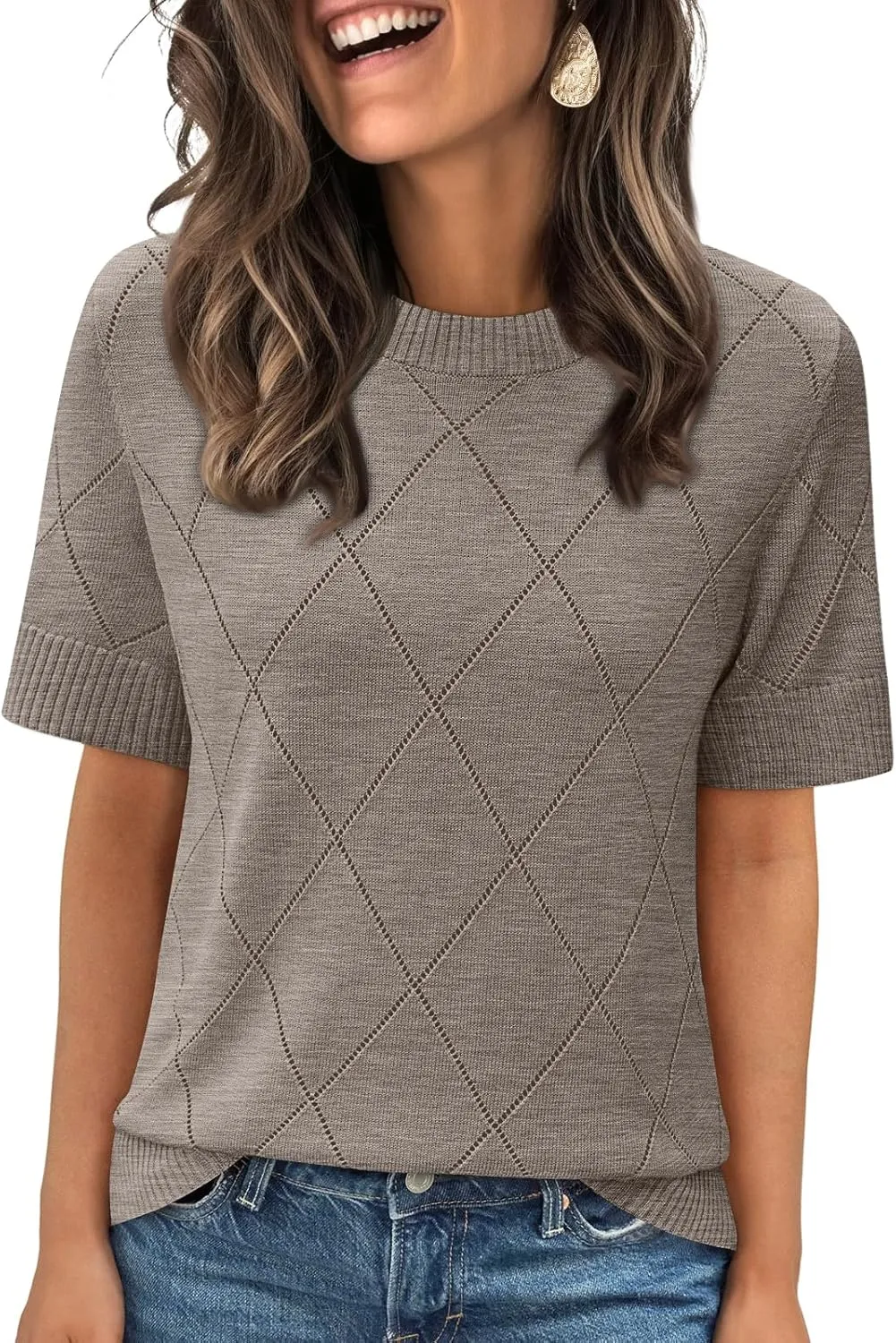 LILLUSORY Womens Knit Hollowed Out Sweater Summer Lightweight Short Sleeve Wool Blend Tops