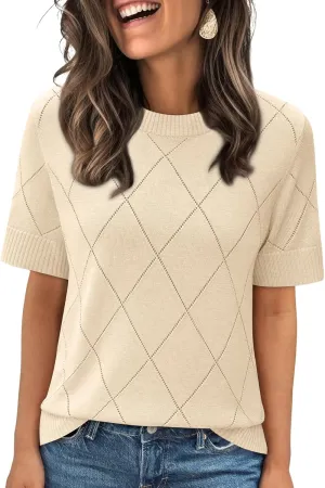 LILLUSORY Womens Knit Hollowed Out Sweater Summer Lightweight Short Sleeve Wool Blend Tops