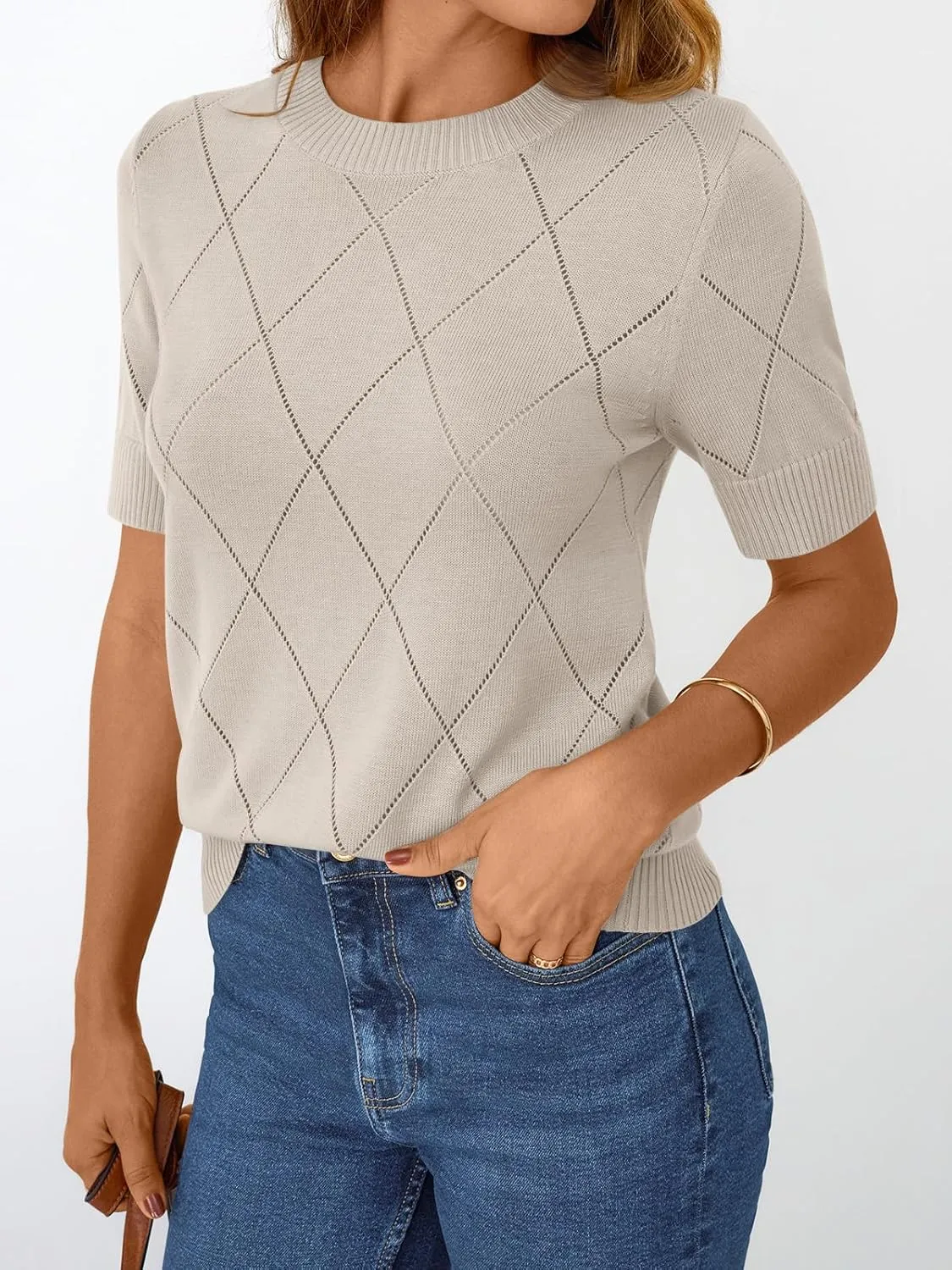 LILLUSORY Womens Knit Hollowed Out Sweater Summer Lightweight Short Sleeve Wool Blend Tops