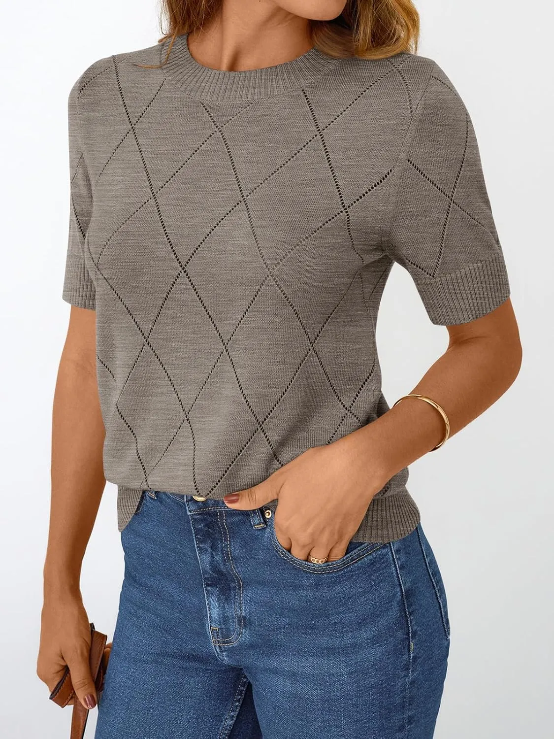 LILLUSORY Womens Knit Hollowed Out Sweater Summer Lightweight Short Sleeve Wool Blend Tops