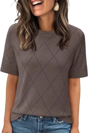 LILLUSORY Womens Knit Hollowed Out Sweater Summer Lightweight Short Sleeve Wool Blend Tops
