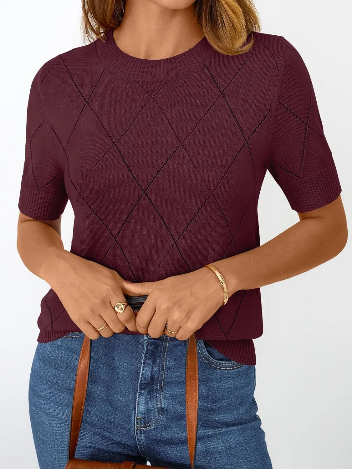 LILLUSORY Womens Knit Hollowed Out Sweater Summer Lightweight Short Sleeve Wool Blend Tops