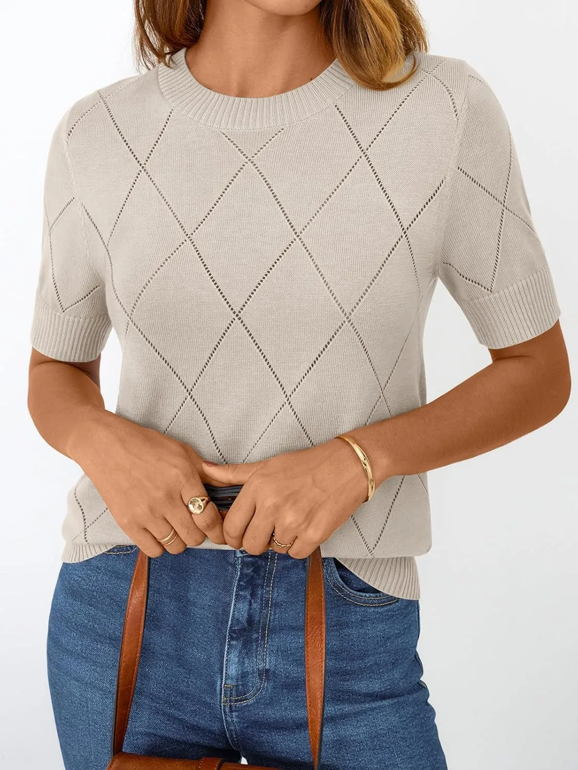 LILLUSORY Womens Knit Hollowed Out Sweater Summer Lightweight Short Sleeve Wool Blend Tops