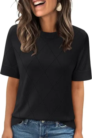 LILLUSORY Womens Knit Hollowed Out Sweater Summer Lightweight Short Sleeve Wool Blend Tops