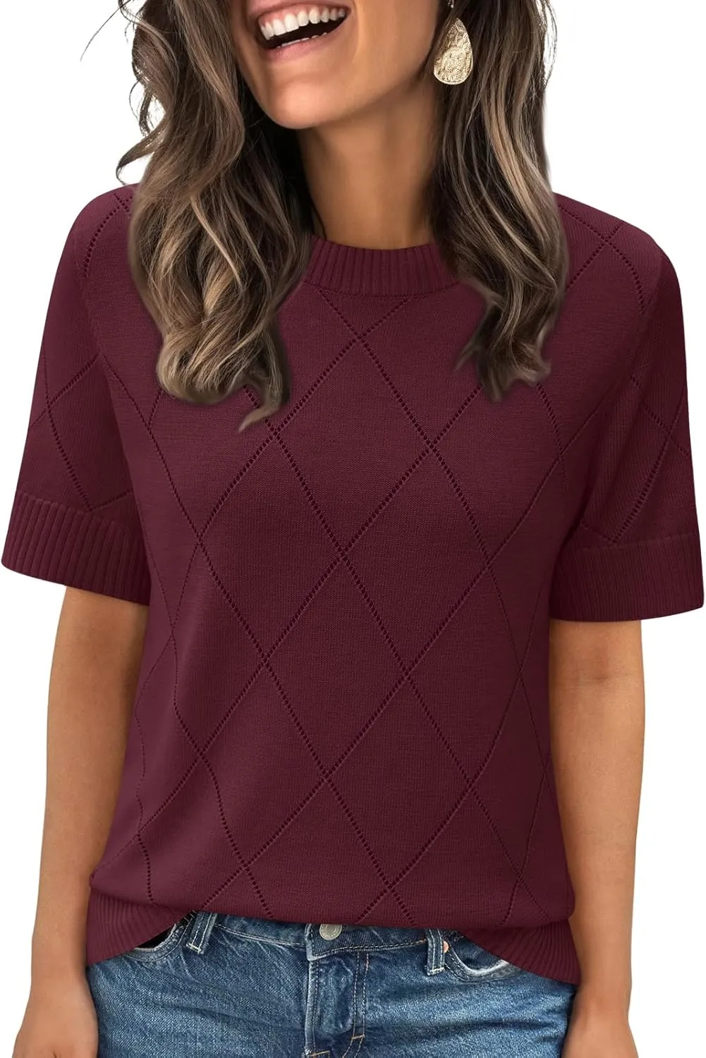 LILLUSORY Womens Knit Hollowed Out Sweater Summer Lightweight Short Sleeve Wool Blend Tops