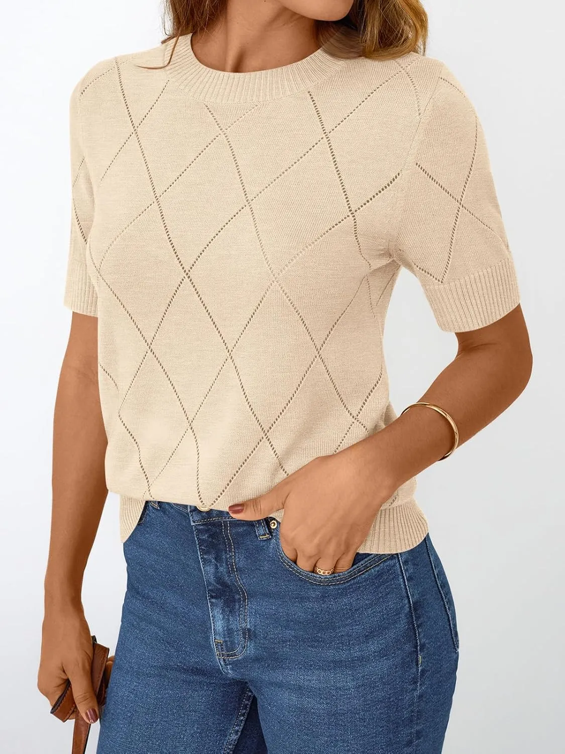 LILLUSORY Womens Knit Hollowed Out Sweater Summer Lightweight Short Sleeve Wool Blend Tops