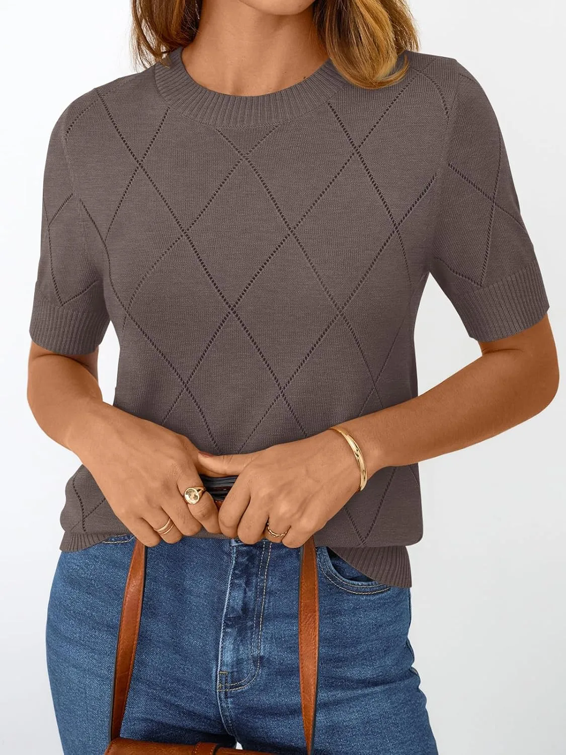 LILLUSORY Womens Knit Hollowed Out Sweater Summer Lightweight Short Sleeve Wool Blend Tops