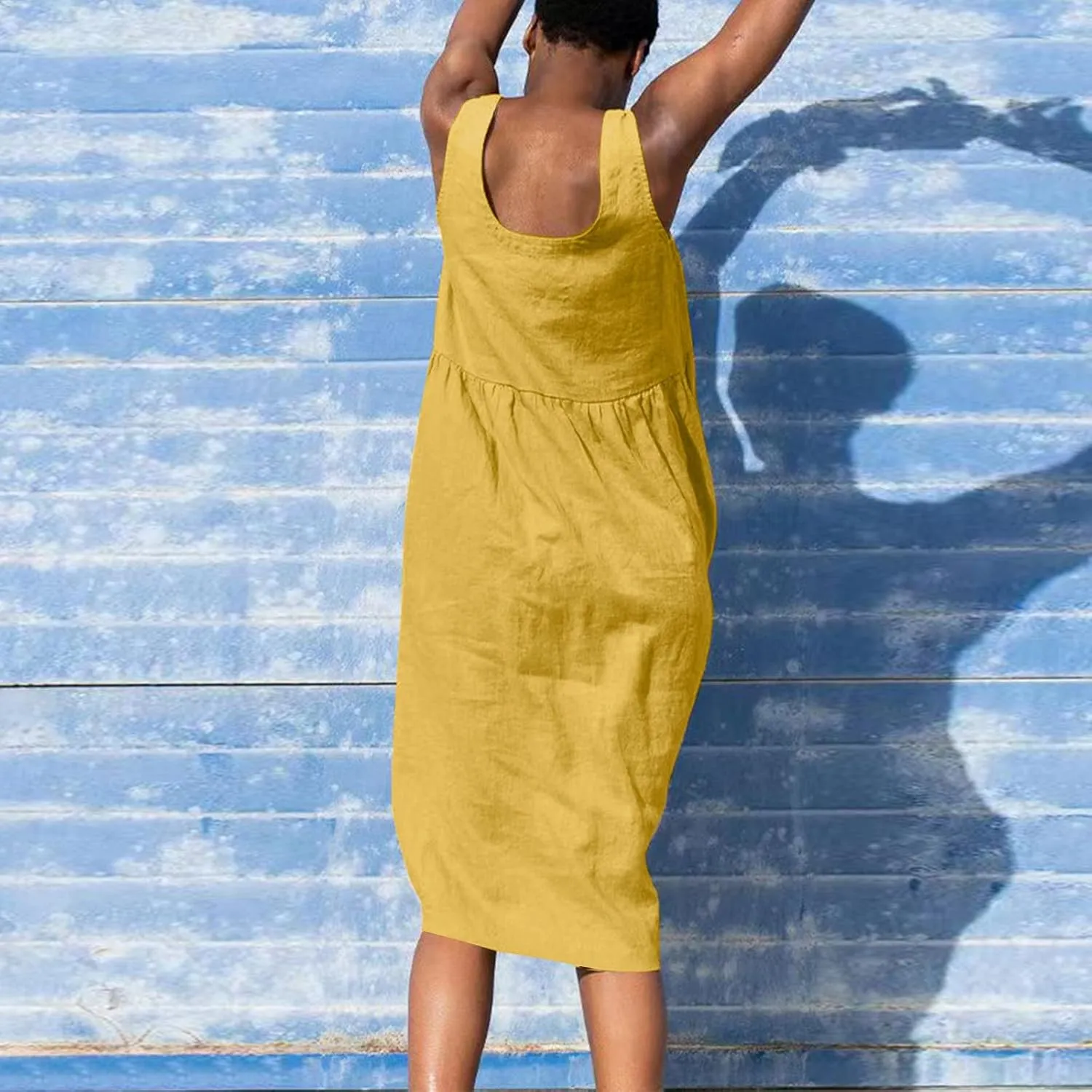 Linen Dresses for Women 2024 Summer Midi V Neck Sleeveless Button Pleated Sundresses Casual Beach Flowy Tank Dress