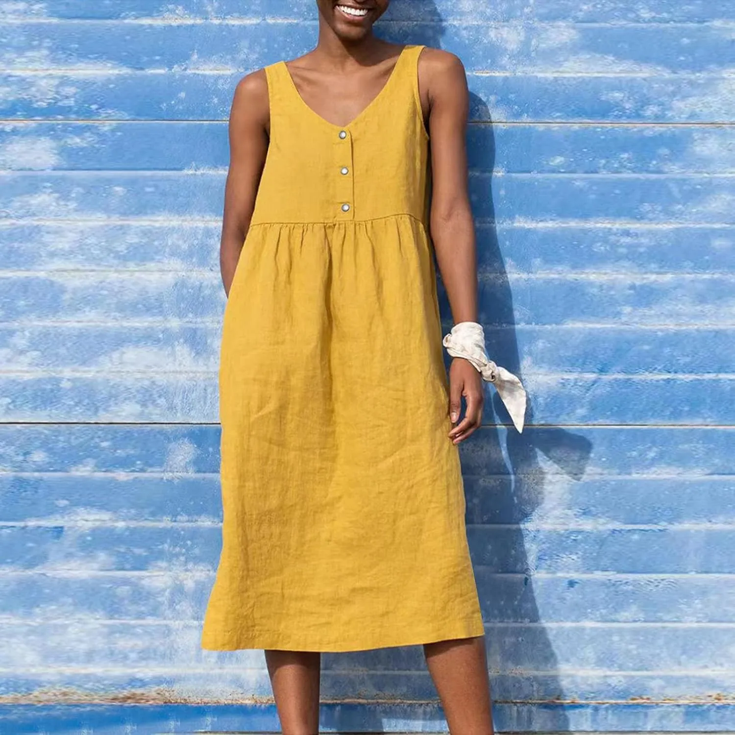 Linen Dresses for Women 2024 Summer Midi V Neck Sleeveless Button Pleated Sundresses Casual Beach Flowy Tank Dress
