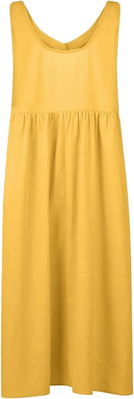 Linen Dresses for Women 2024 Summer Midi V Neck Sleeveless Button Pleated Sundresses Casual Beach Flowy Tank Dress