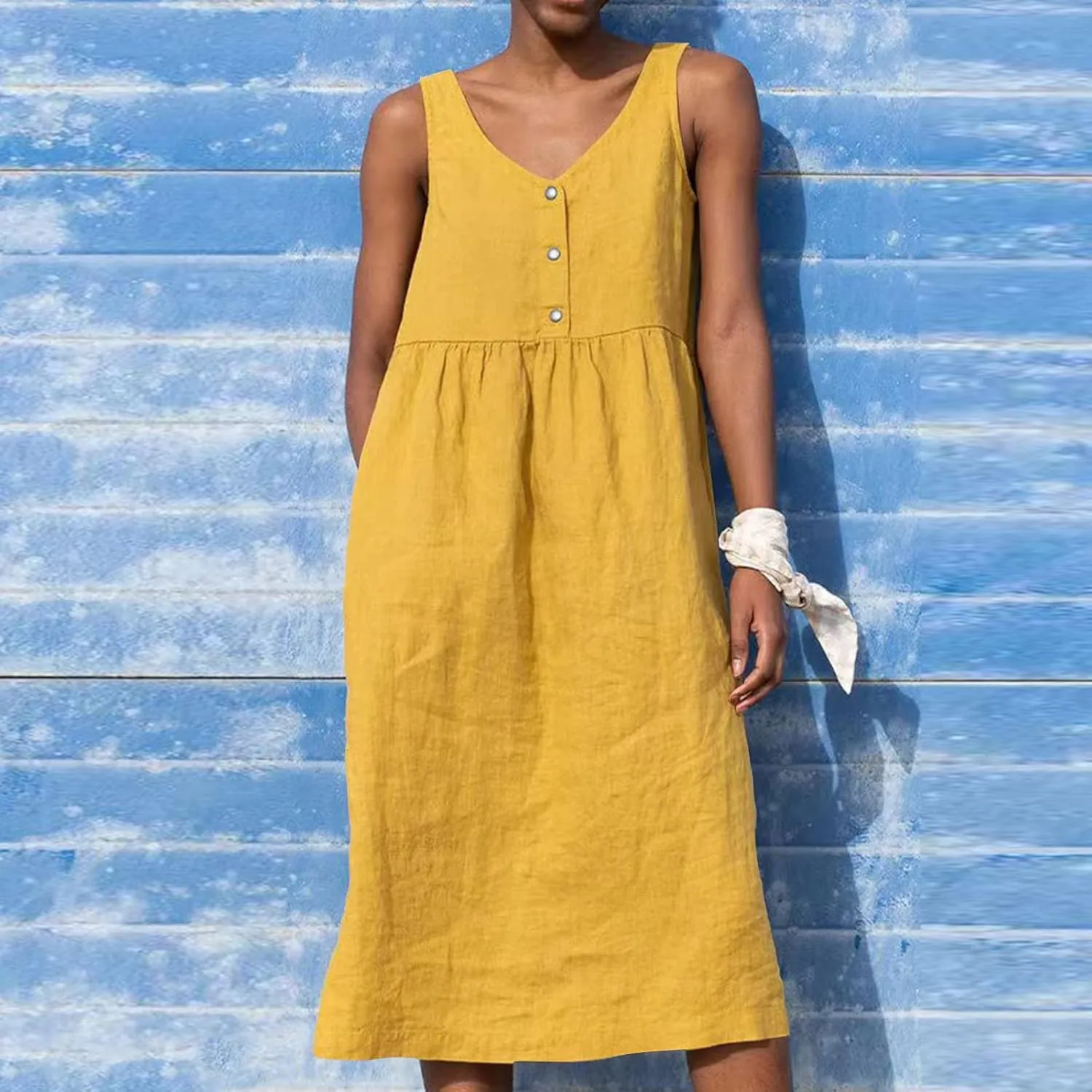 Linen Dresses for Women 2024 Summer Midi V Neck Sleeveless Button Pleated Sundresses Casual Beach Flowy Tank Dress